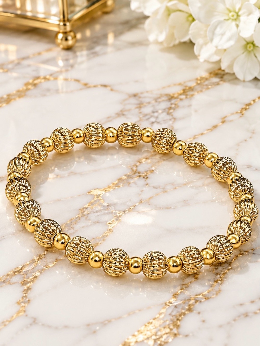 Lux Infinity Etched 14K Gold Bead Bracelet 7"